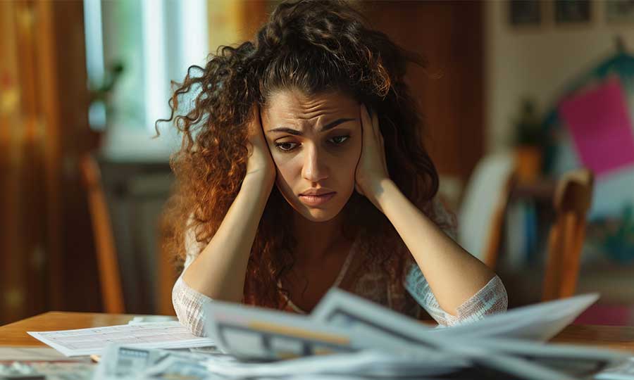 A young woman looking distressed about her tax debt